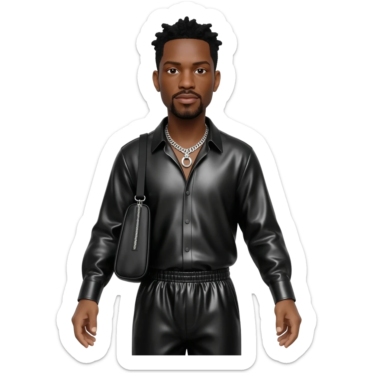 Timbaland with black hair, black metallic shirt, black metallic baggy pants, silver necklace sticker