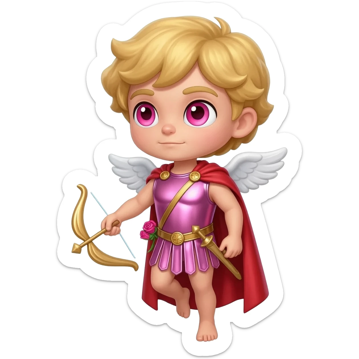 Cupid from Roman Mythology with rose-pink eyes, blonde hair, pink metallic tunic, red metallic cloak sticker