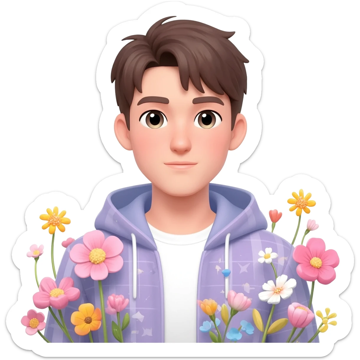 Gorgeous bright sparkly romantic anime style guy with blushing face and flowers aesthetic trending style outside sticker
