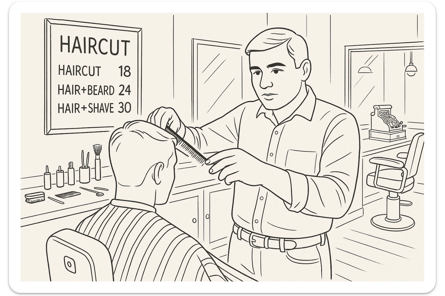 Draw me a sketch of the barbershop, but make sure there's a cash register there. sticker
