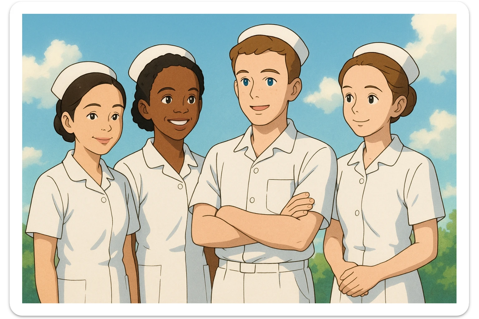 Four nursing students inspired by the faces of four photos, wearing complete white short-sleeve uniforms (visible arms), no stethoscope, each in a different posture but close, no physical contact, benevolent atmosphere, Ghibli style, bright background. sticker