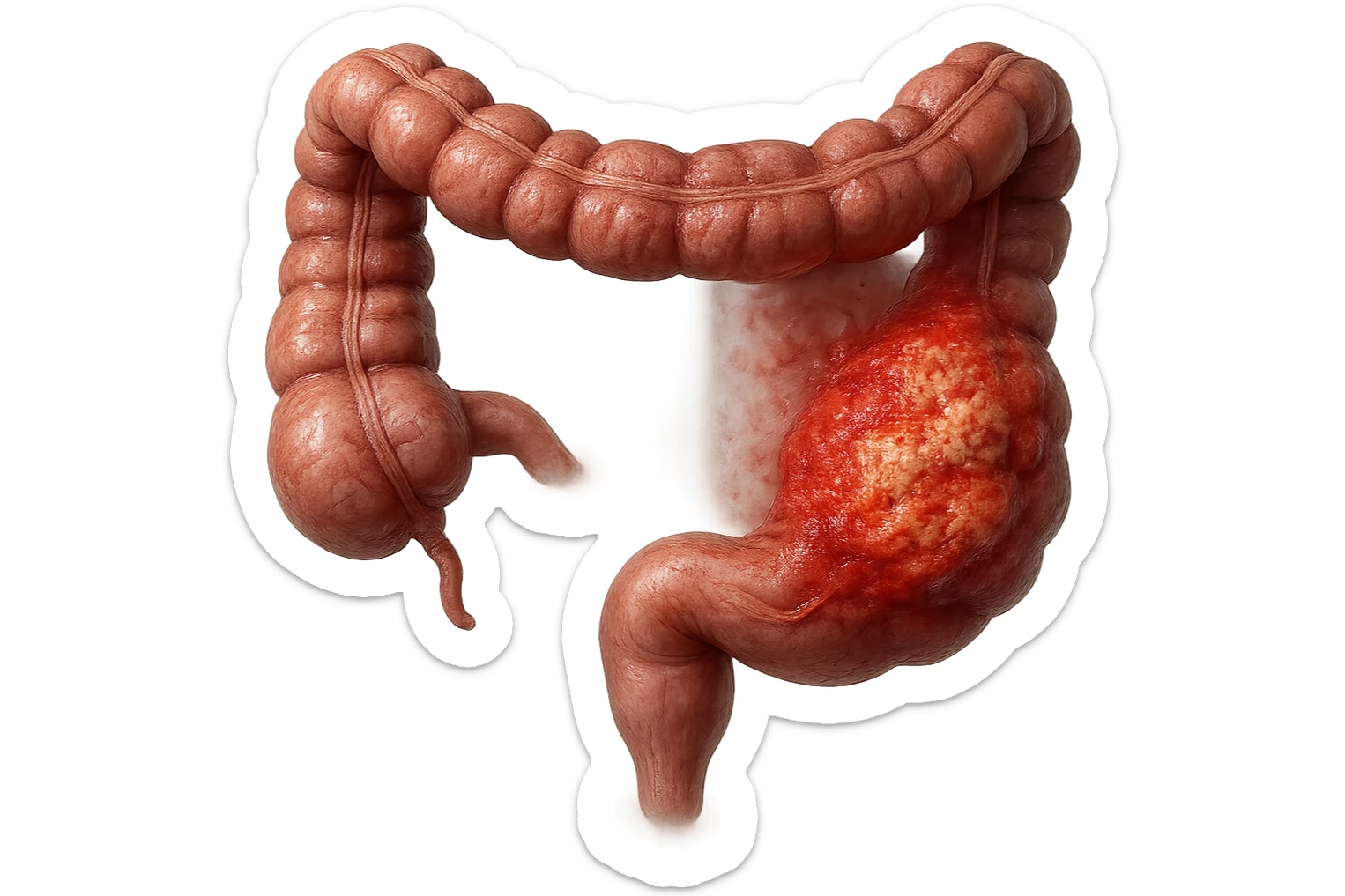 colon umano anatomico realistico malato di cancro, fai un punto visibile in cui si nota proprio la massa tumorale,+ iperrealistico 4k sticker