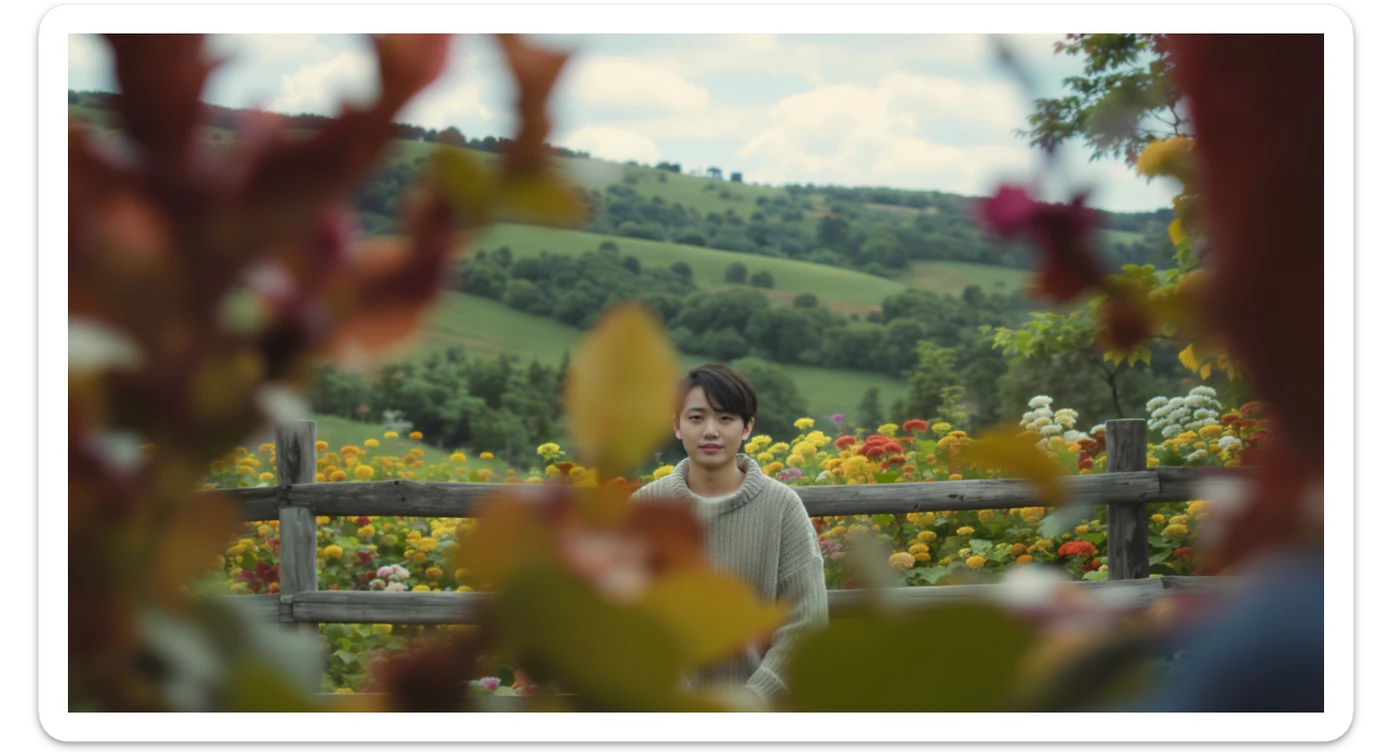 A portrait of a person in the foreground, blurred plants in the foreground (frame within a frame), a wooden fence and colorfull flowers in the midground, rolling hills in the background, cinematic depth of field, layered composition, natural lighting sticker
