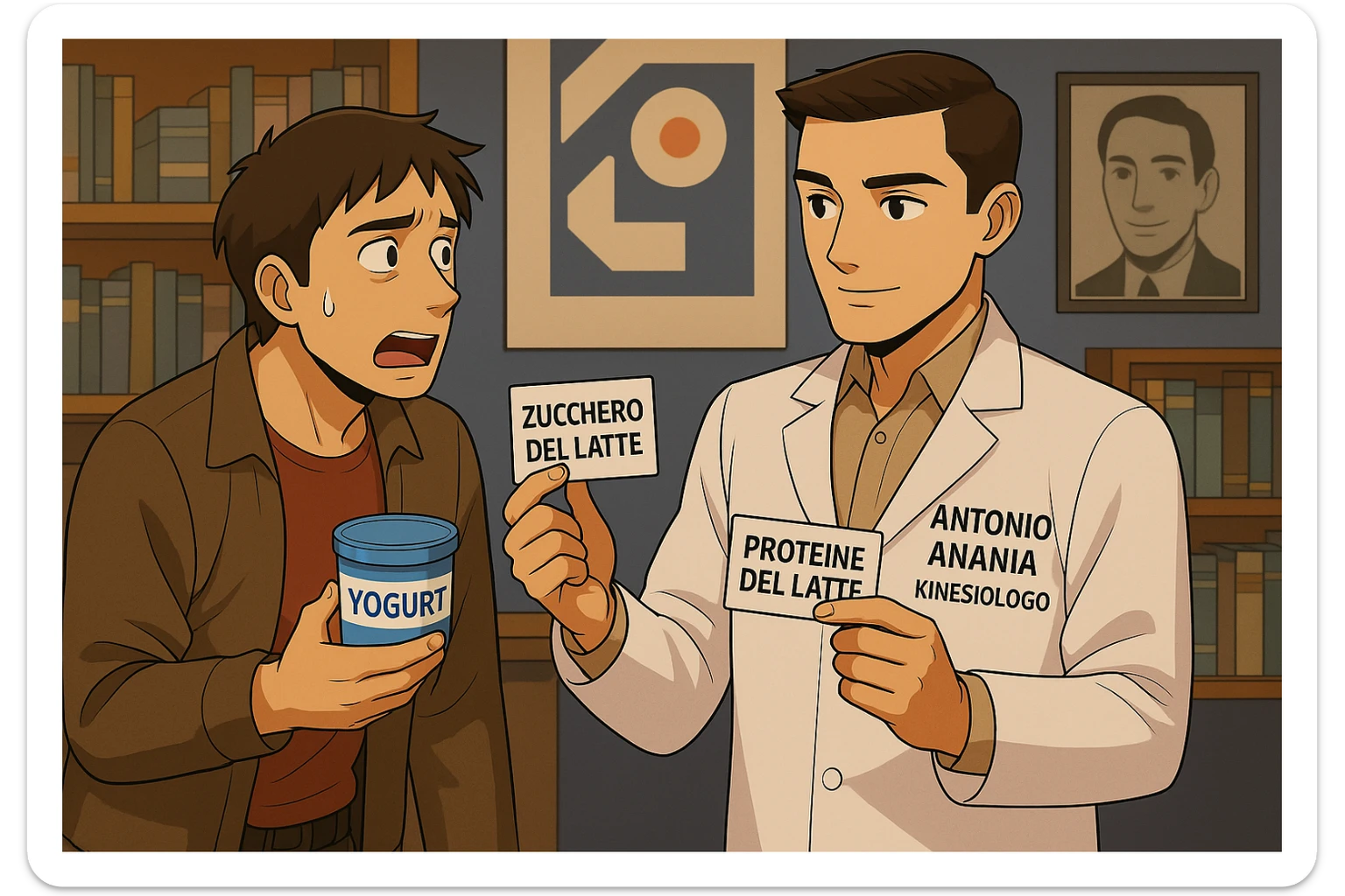 fai un webtoon manga a colori con questo stile, in cui un uomo fa una domanda al kinesiologo con il camice bianco (fagli anche la scritta "ANTONIO ANANIA" SUL CAMICE, l'uomo chiede una cosa mostrando un formaggio e uno yogurt al kinesiologo con il camice, IL KINESIOLOGO annuisce e SPIEGA ALL'UOMO UNA cos. L'UOMO ha un ESPRESSIONE CONFUSA IN VOLTO. non fare i fumetti però, fai solo in modo che sembri stiano parlando sticker