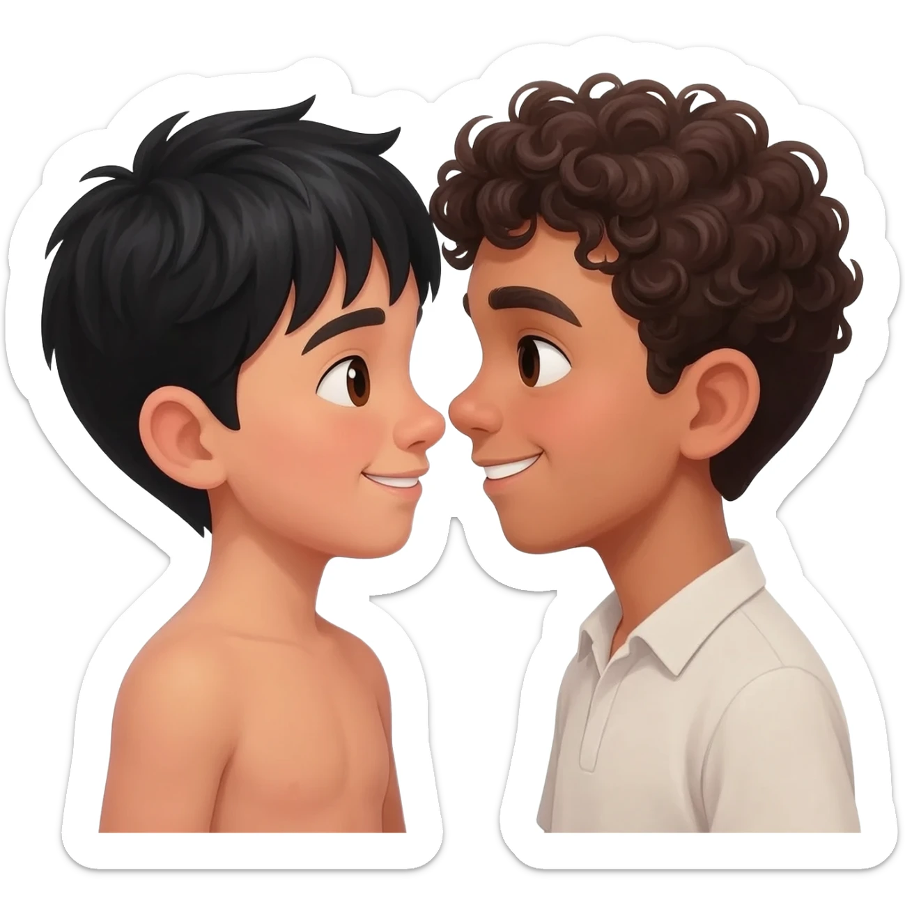 2 boys in love. One Asian a light tan with black hair and one Mexican with curly brown hair, light skin. Both dark brown eyes sticker