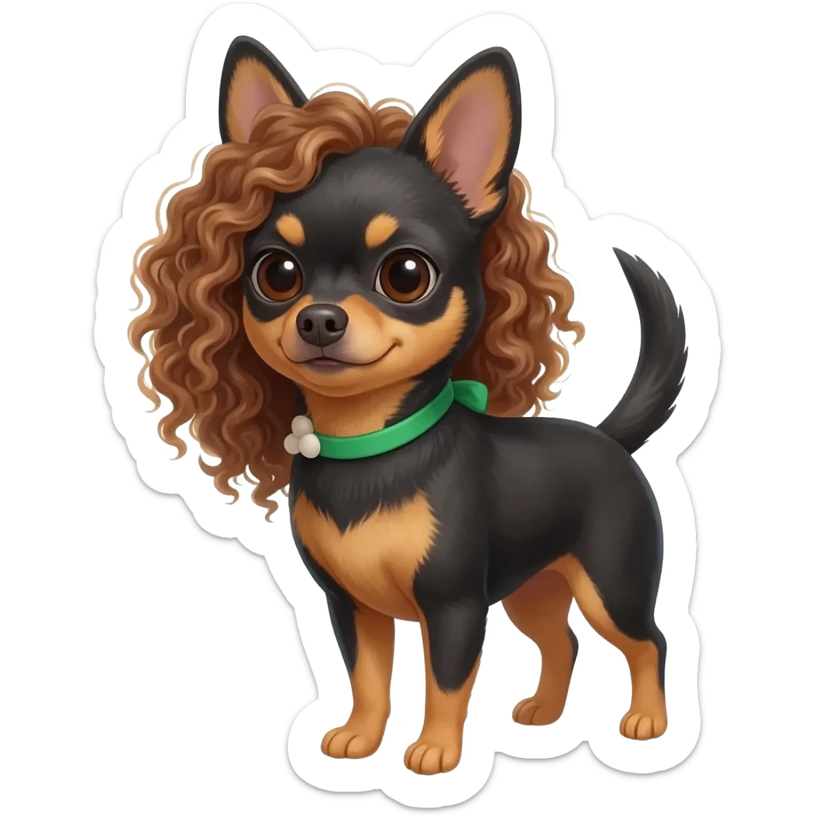 Une fille. Cheveux bouclée. Porte à maillot. Vert. Avec un chihuahua noir marron poil courut c'est une fille daisy et pour finir par apprend dans les brastous les 2. Avec sa maîtresse avec. Et moi mmatichienne sticker