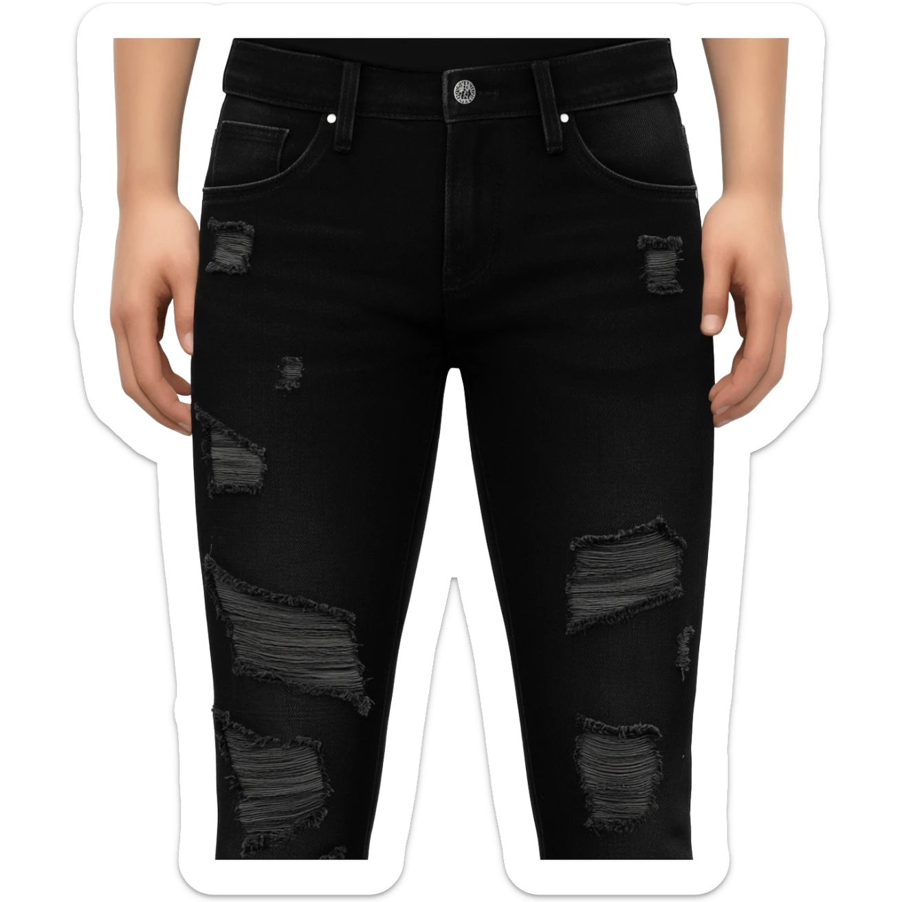 Black ripped skinny jeans in Amiri style, heavily distressed with stacked fit, frayed knee rips, faded black wash, visible “AMIRI” logo detail, emoji style, centered, no model, no shoes, no extras. sticker