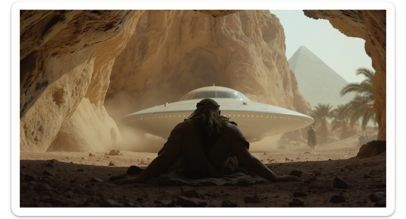 cinematic still, documentary photography, acient egypt, back shot of a man dress in ancient clothes in cave on ground laying front of small ufo starship, palms, dynamic scane, leading lines, captured by arri alexa, depth layers, piramids in babckground sticker