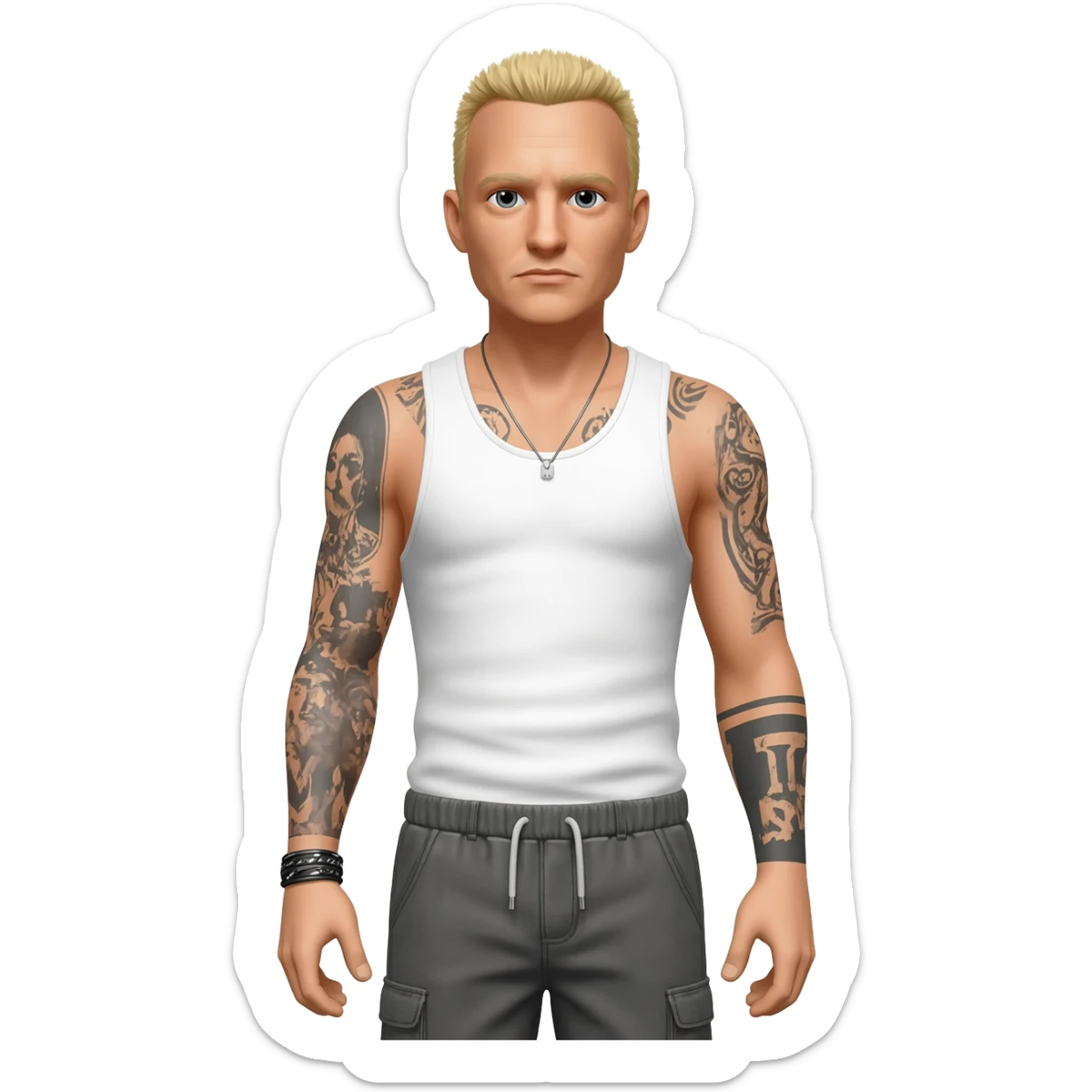 Chester Bennington with blonde hair, white tank top, grey baggy pants sticker