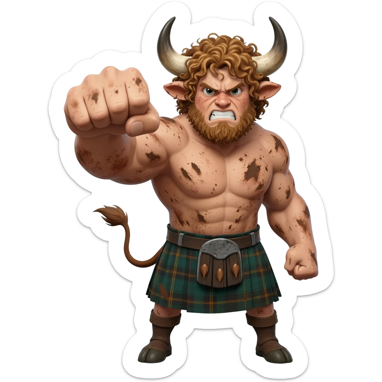 big buff curly hairy man covered in dirt with freckles with messy light brown bangs that covers his face completely with bull horns and bull ears and bull tail dressed in kilt punches with left hook front view furious expression sticker