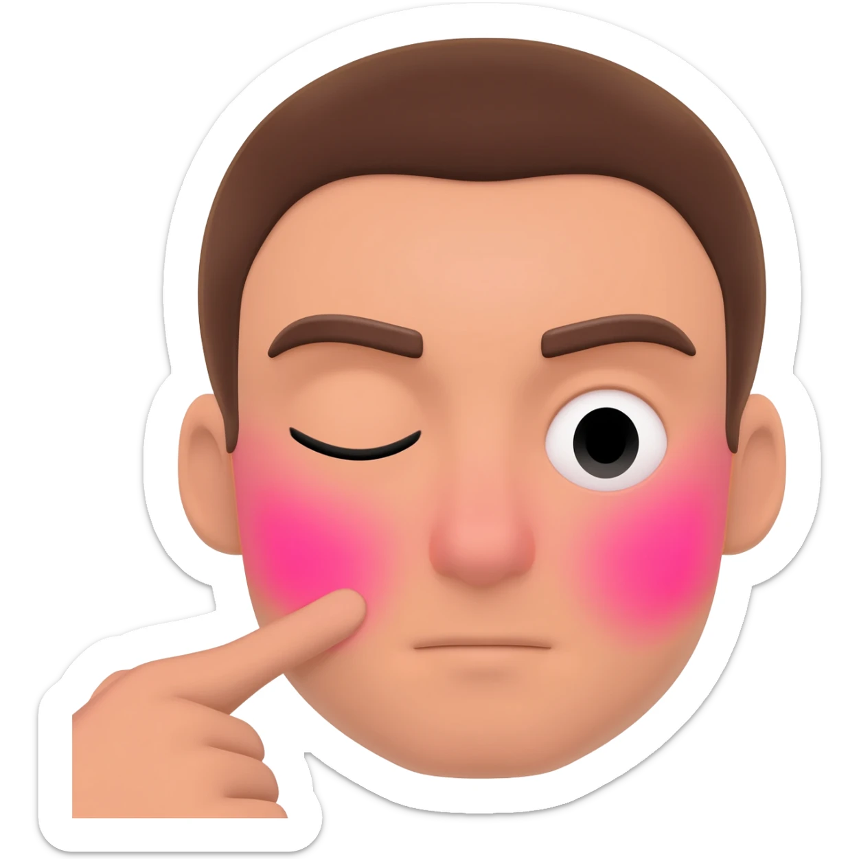 Classic iPhone emoji, blushed smile hitting a single finger with 1 eye open and one eye closed clearly flustered sticker