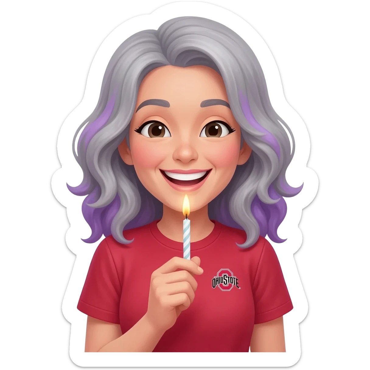 Gray and purple hair woman ohio state shirt happy birthday sticker