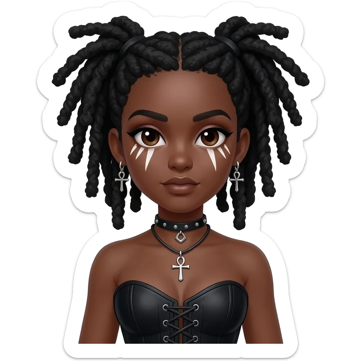 goth black girl with black corset, with brown skin, cross earrings, ankh necklace with black dreadlocks white face paint sticker