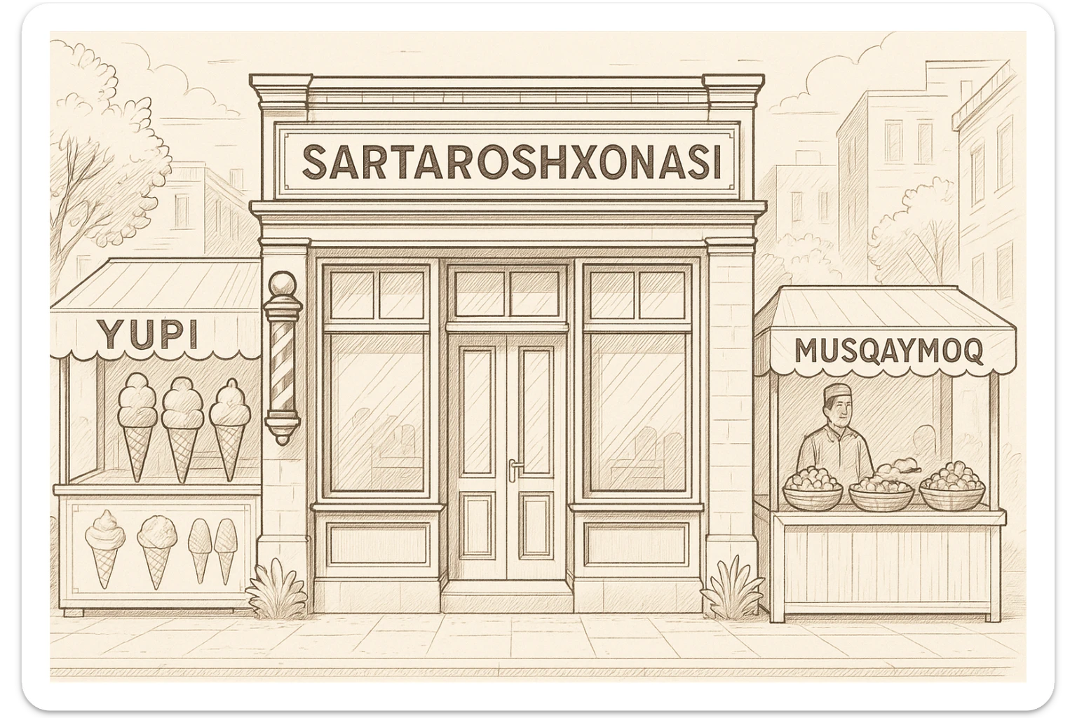 brohouse sartarosh xonasini chizib ber tashqaridan va uning yonida yupi va musqaymoq sotadigan lavkalar bulsin sticker