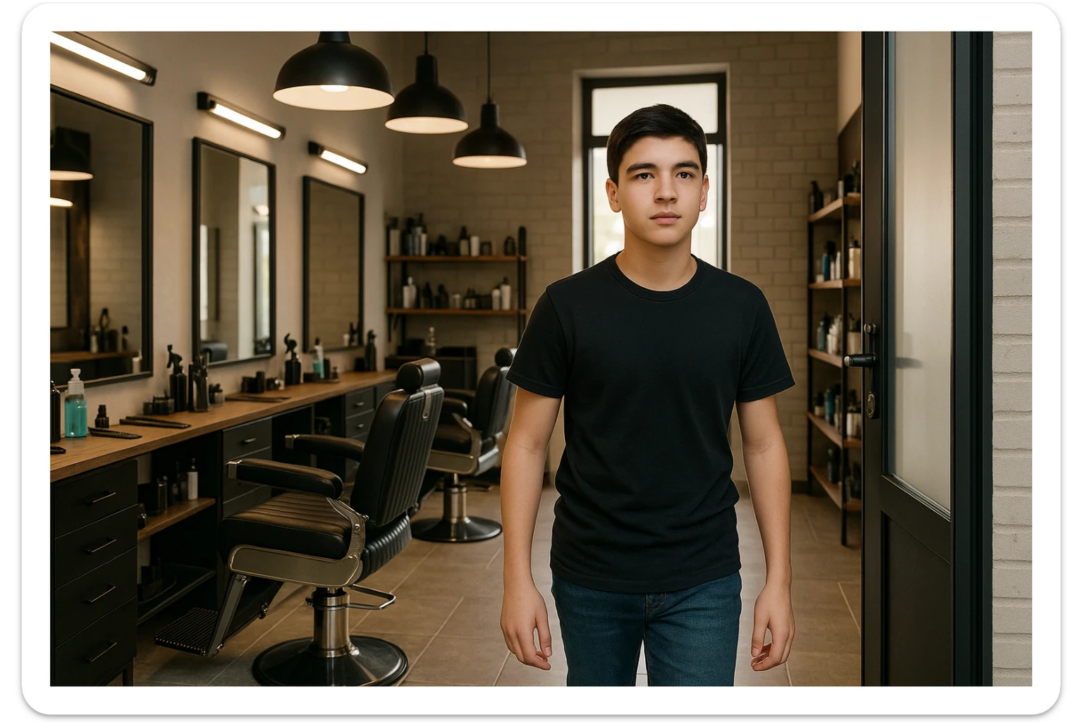 Shu odamni sartaroshxonaga kirib kelayapti  o'smirin davri rakurs ichkaridan sartaroshxona eski ham yangi ham emas bolani juda semiz qilib yuborma  u ozg'inroq bo'lsin huddi sartaroshxonani  hammadan oldin kelib ochsin sticker