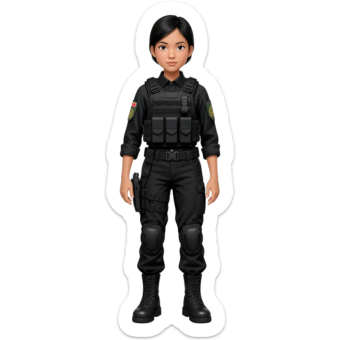 Filipino girl STF SPECIAL TACTICS FORCE OUTFIT BLACK FATIGUE AND COMBAT BOOTS PLATE CARRIER AND HOLSTER sticker