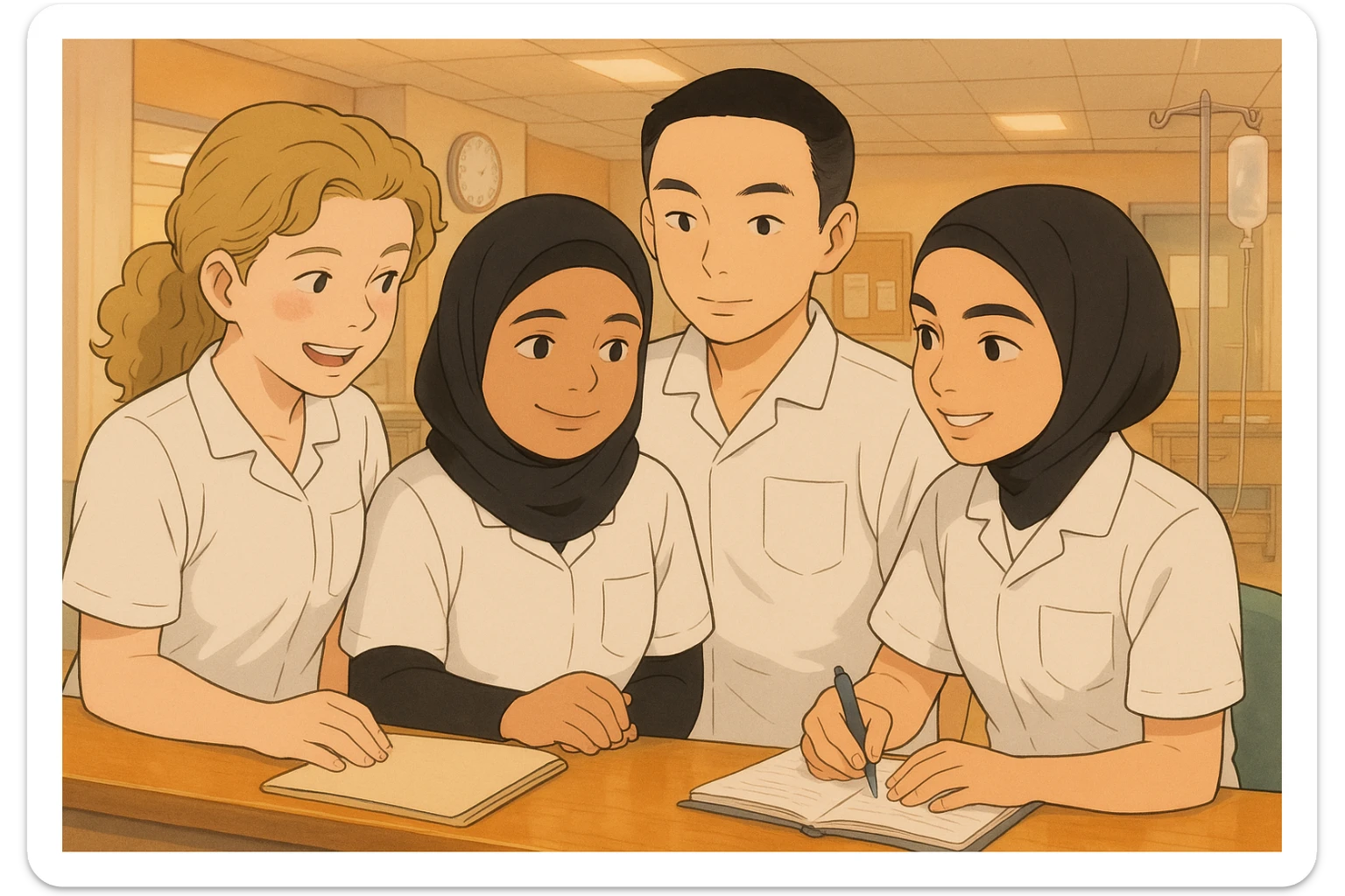 Recreate a team scene of nursing students at a care station in a warm, hospital atmosphere inspired by Ghibli style. Use the faces and characteristics of the four students from the provided photos as reference. They wear white medical uniforms with V-neck tunics, short sleeves, and a left chest pocket. No classic collars, stethoscopes, or undershirts visible. Show visible interaction and collaboration among them, conveying a warm and caring environment. sticker