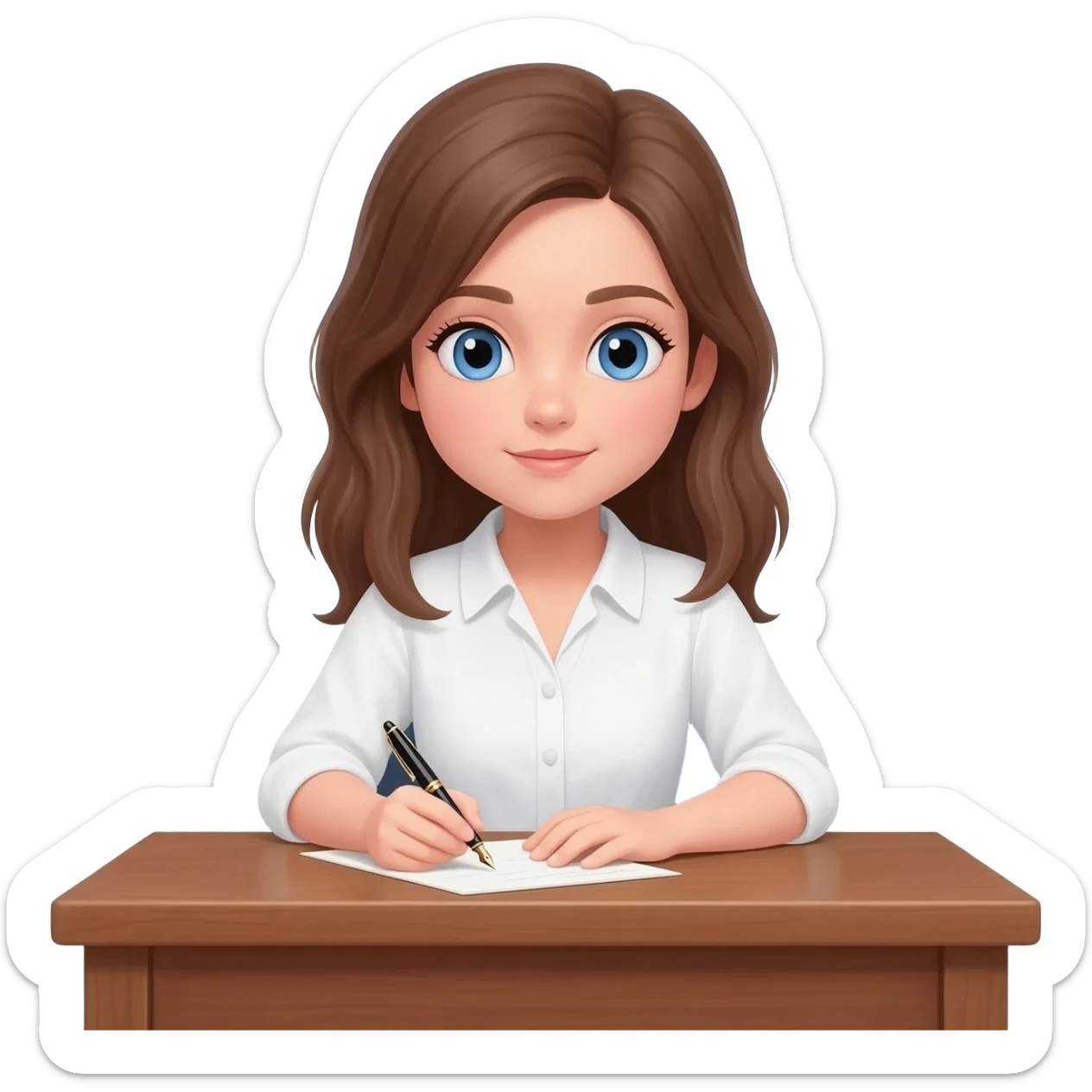 brown hair blue eyed girl writing sticker