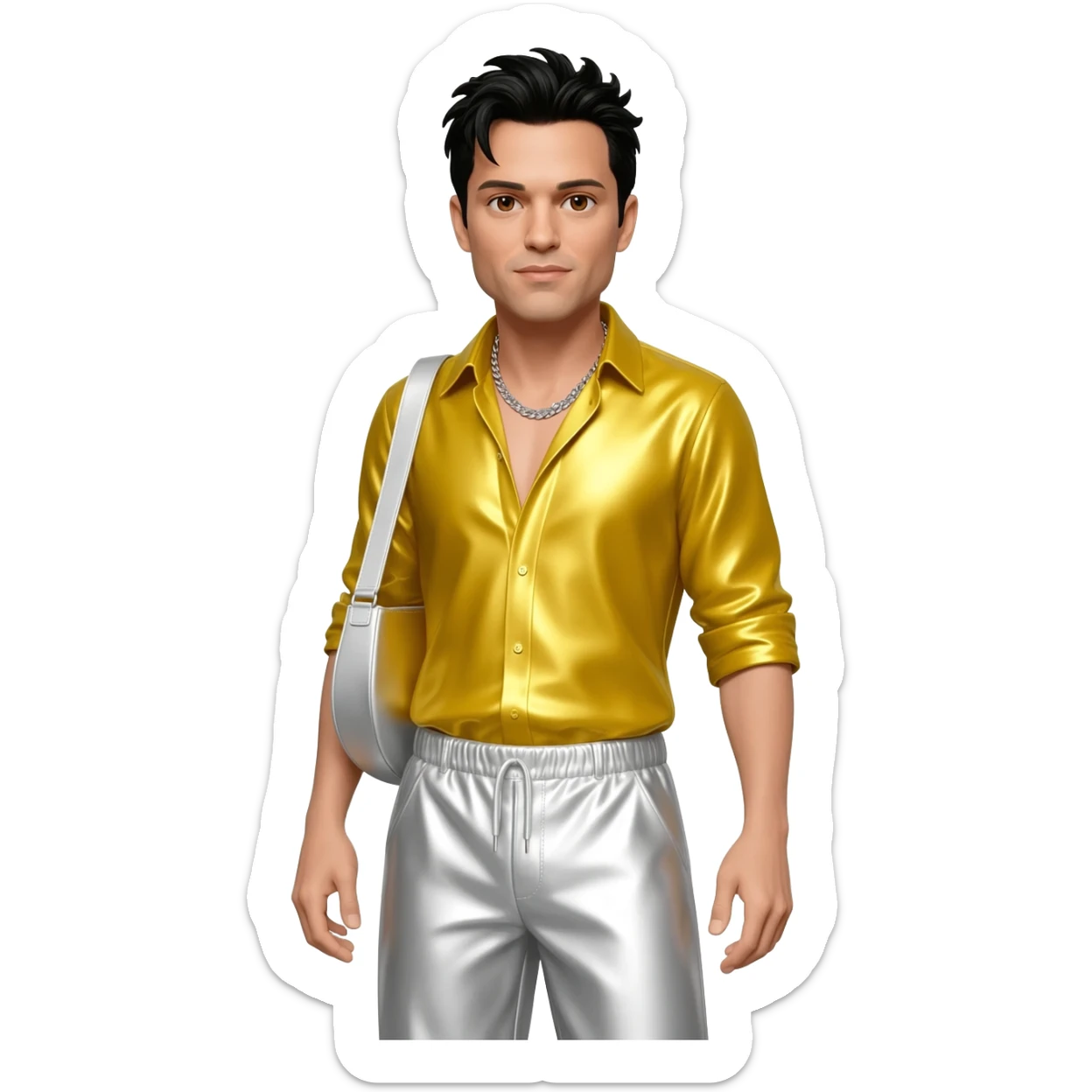 Jonathan Knight from NKOTB with brown eyes, black hair, yellow metallic shirt, white metallic baggy pants, silver necklace sticker