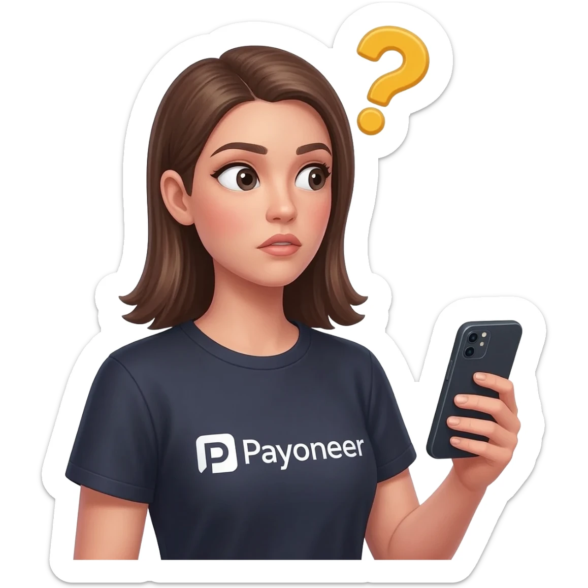 Girl looking at her phone with wondering face and a question mark wearing dark tshirt with payoneerwritten on it sticker