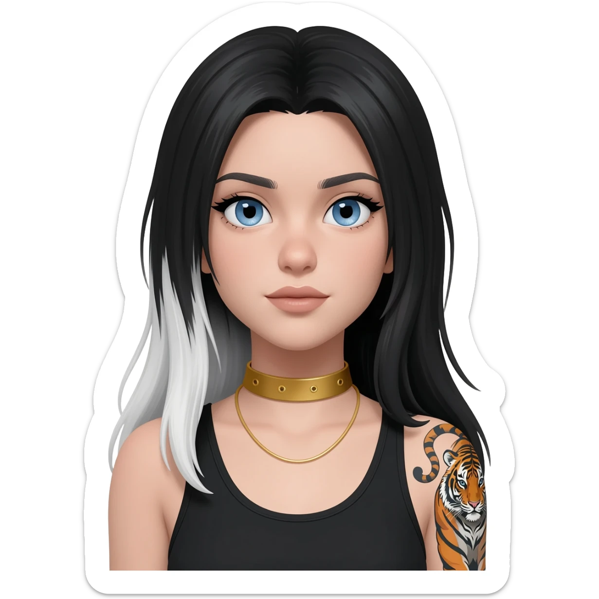 Emoji with blue eyes girl with long black and white hair wearing a gold choker neckless wearing black tank top tiger tattoo on right arm sticker