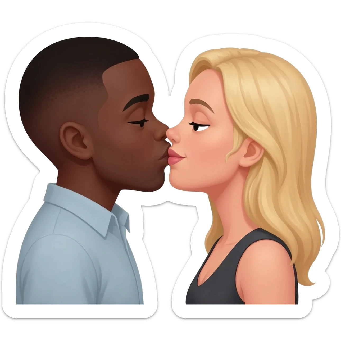 Black man with shaved head kissing blonde woman sticker