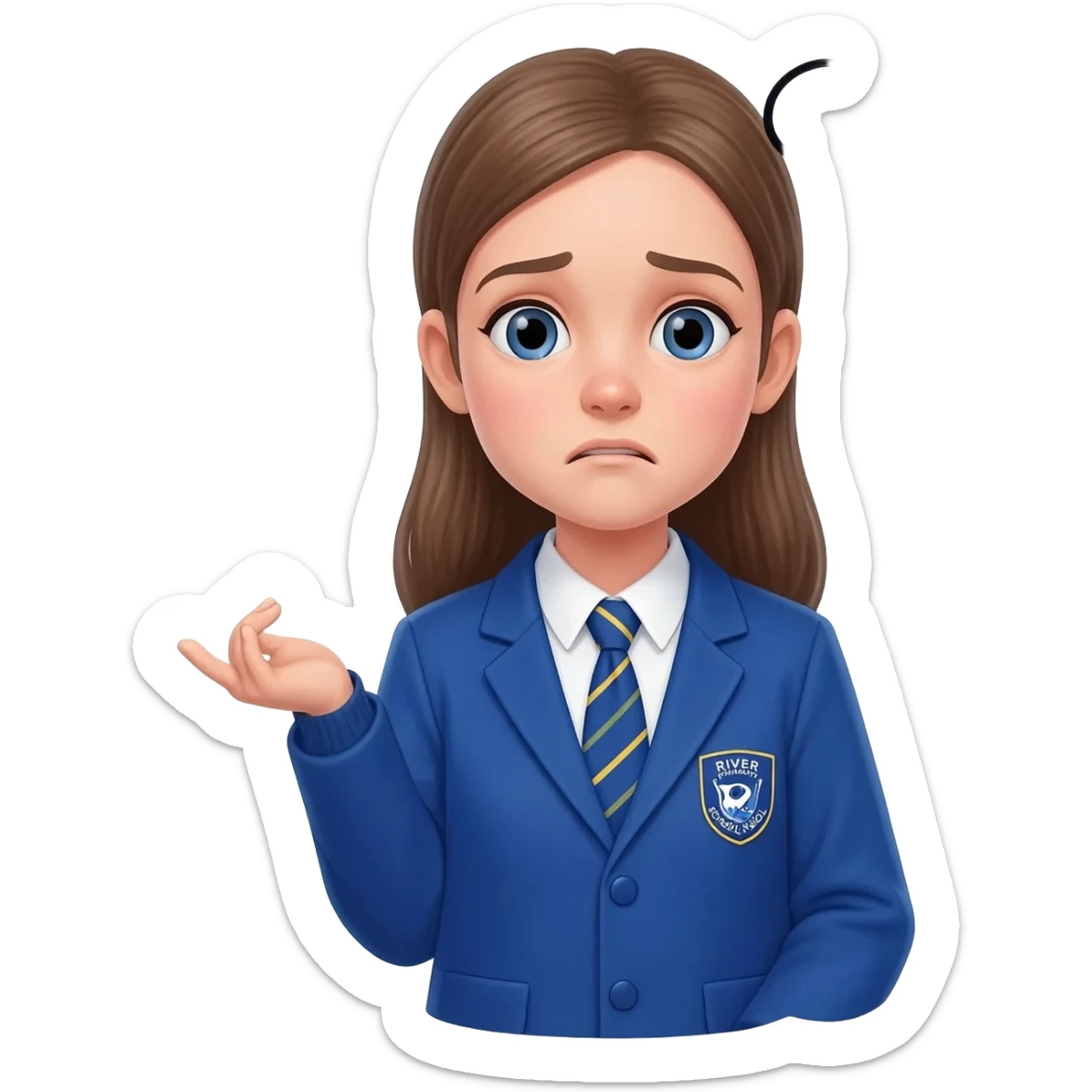 girl from river primary school Kent wearing school uniform shrugging with thought bubble containing mathematical symbols. Girl looks confused sticker