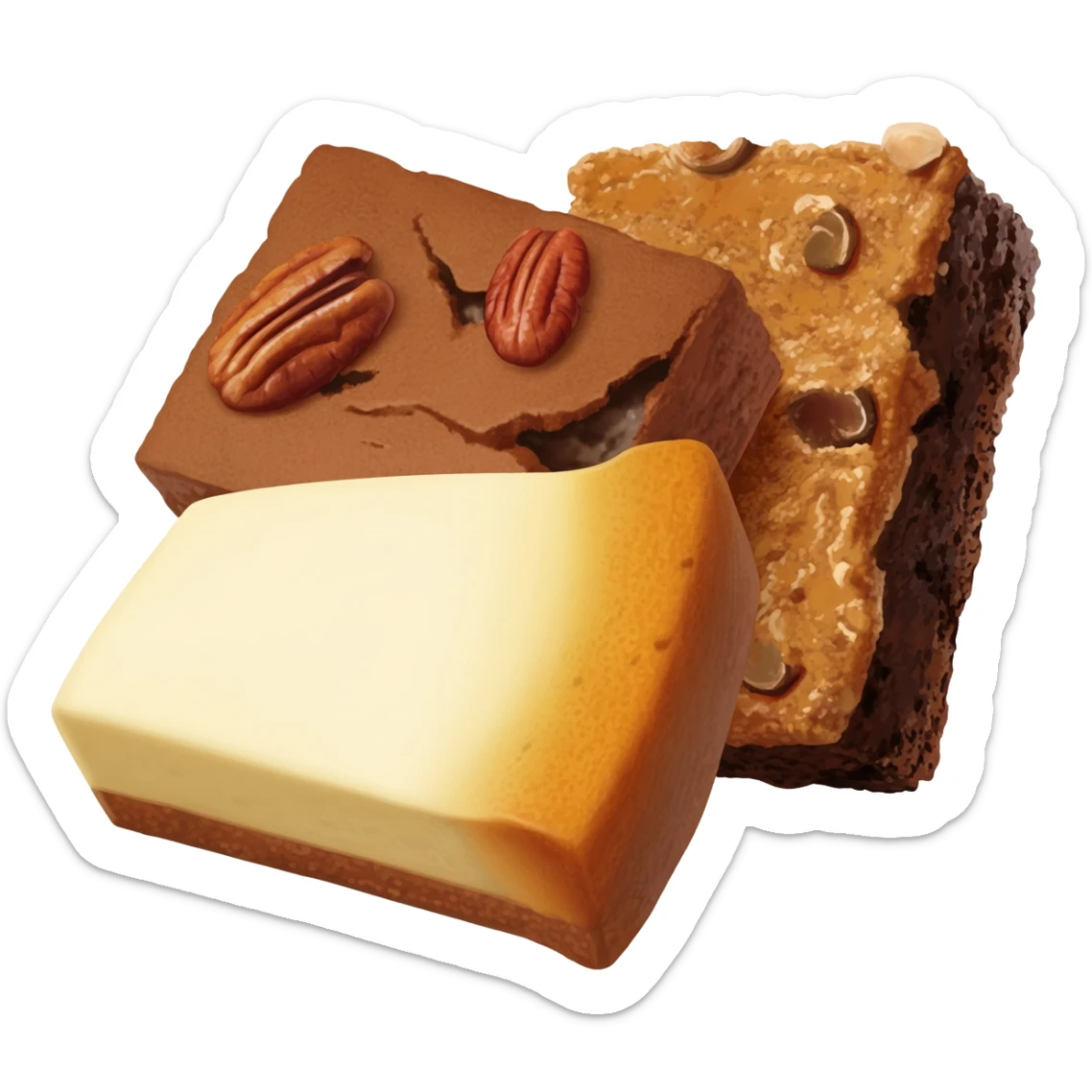brownie flight with a pecan brownie, cheesecake brownie and turtle brownie sticker