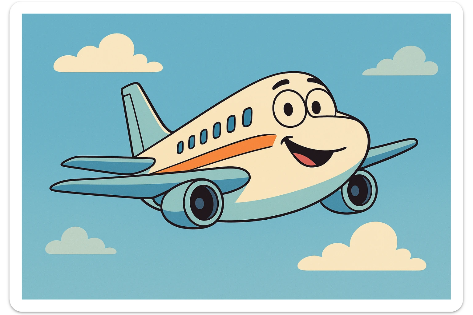 a cartoon airplane flying in the sky, simple and cheerful, bright colors, clear sky background sticker