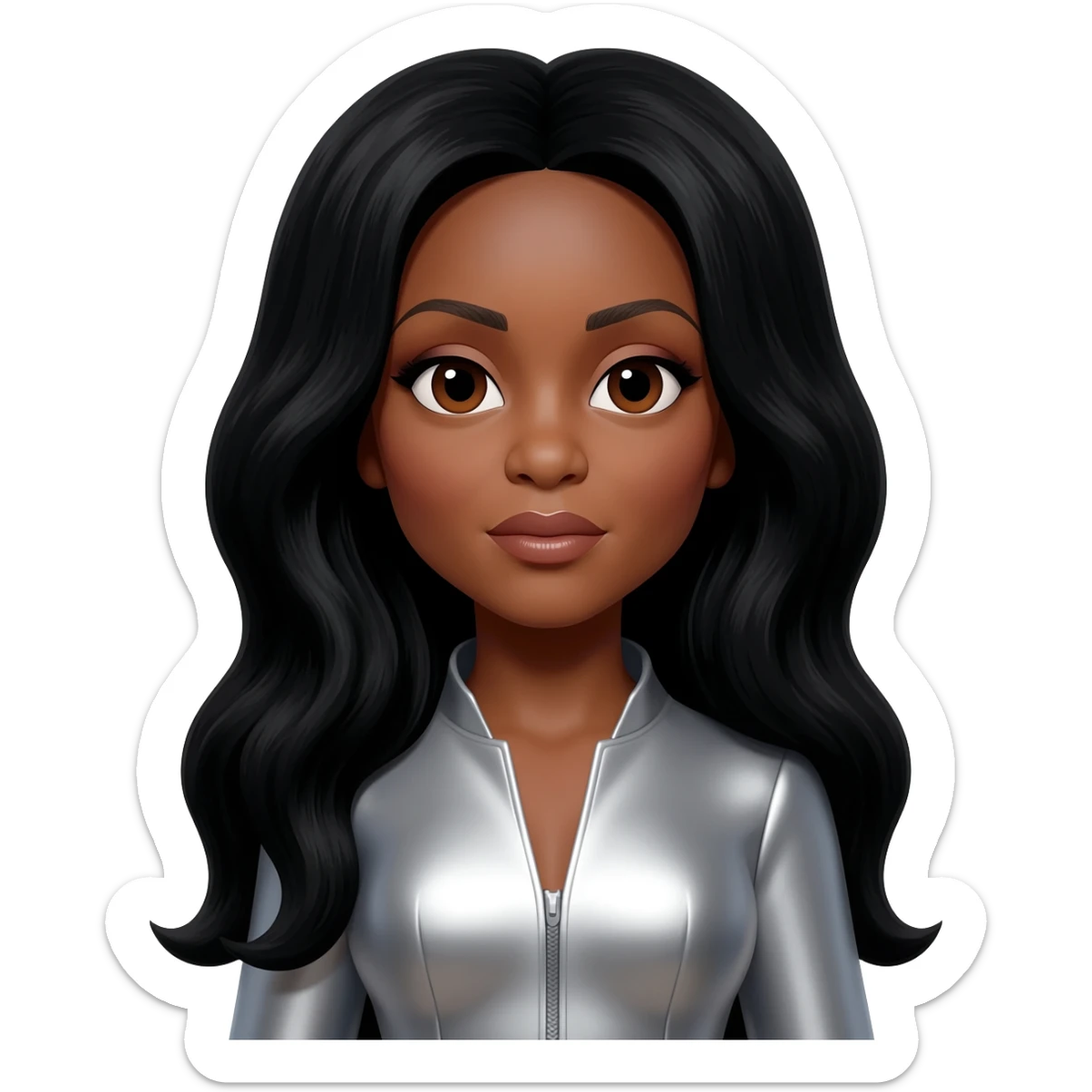 Diana Ross with brown eyes, long black hair, silver metallic outfit sticker