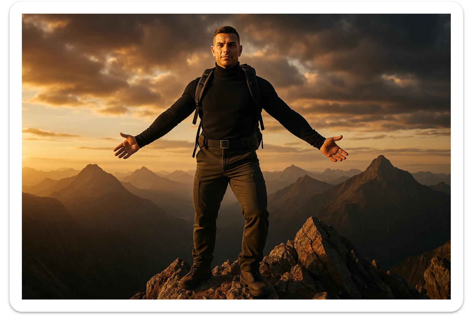 uomo che arriva in cima alla vetta accogliendo le sfide della vita e le supera senza paura, iperrealistica cinematografica 4k sticker