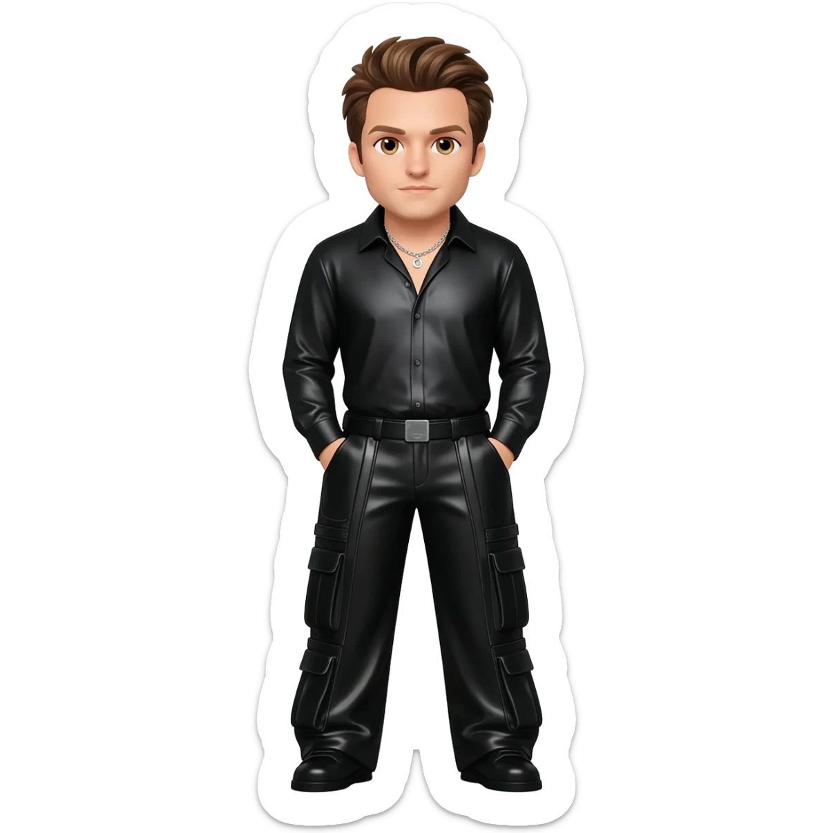 Shane Filan from Westlife with hazel eyes, brown hair, black metallic shirt, black metallic baggy pants, silver necklace sticker