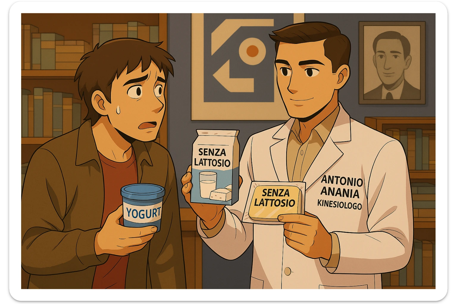 fai un webtoon manga a colori con questo stile, in cui un uomo ASCOLTA Il kinesiologo con il camice bianco (fagli anche la scritta "ANTONIO ANANIA" SUL CAMICE, IL KINESIOLOGO SPIEGA ALL'UOMO UNA MOSTRANDO VARI PRODOTTI DA SUPERMERCATO CONFEZIONATI (TIPO SCATOLA DI LATTE, MOZZARELLE CONFEZIONATE, FORMAGGIO CONFEZIONATO), OGNI CONFEZIONE HA LA SCRITTA "SENZA LATTOSIO SULL'ETICHETTA. L'UOMO OSSERVA IL KINESIOLOGO CON ESPRESSIONE CONFUSA IN VOLTO. non fare i fumetti però, fai solo in modo che sembri stiano parlando sticker