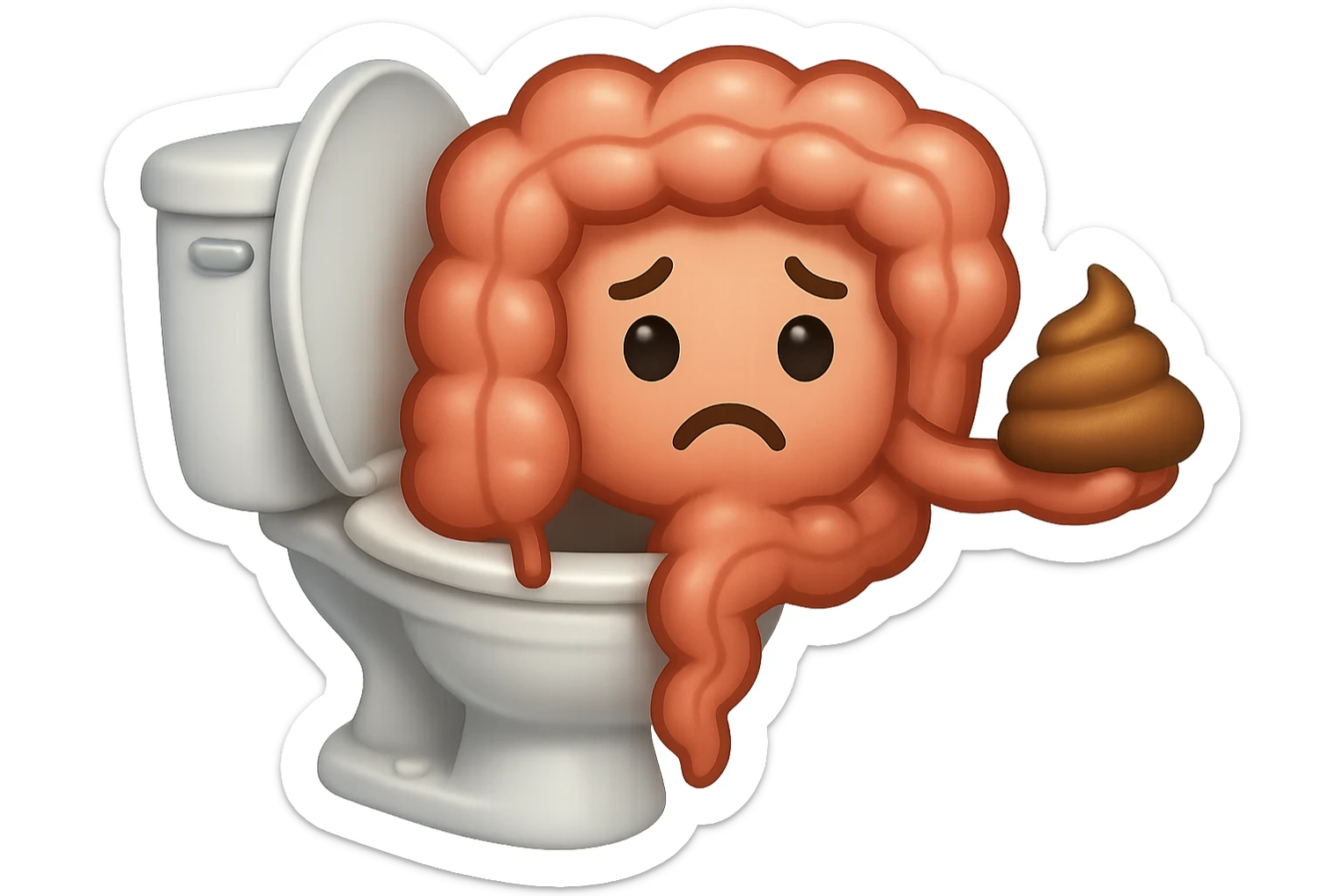 emoji stile iphone di un intestino che esce dal wc con in mano una montagnetta di feci con espressione triste a palline sticker