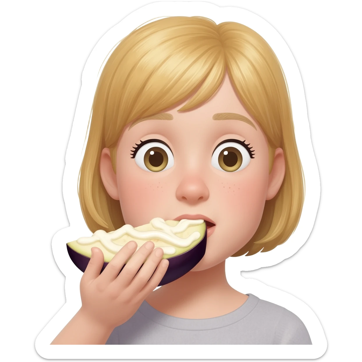 Make a girl eating a eggplant with white mayo sause on it and she’s has blonde hair sticker