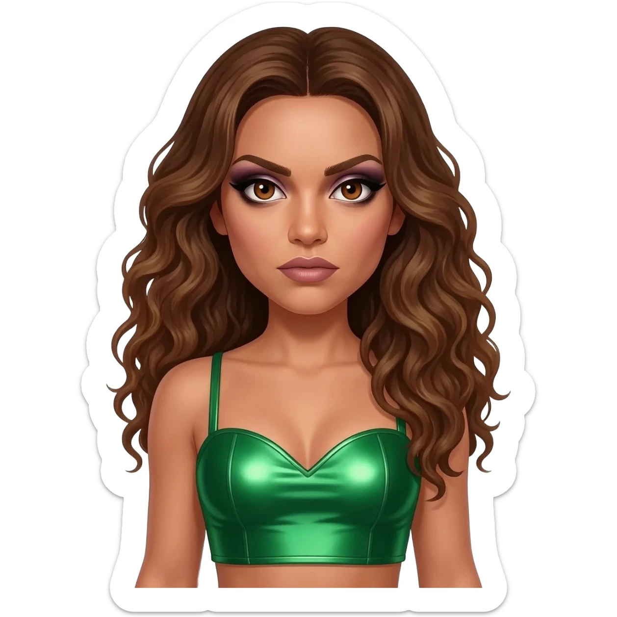 Scary Spice from Spice Girls with brown eyes, long brown curly hair, green metallic sweetheart crop top sticker