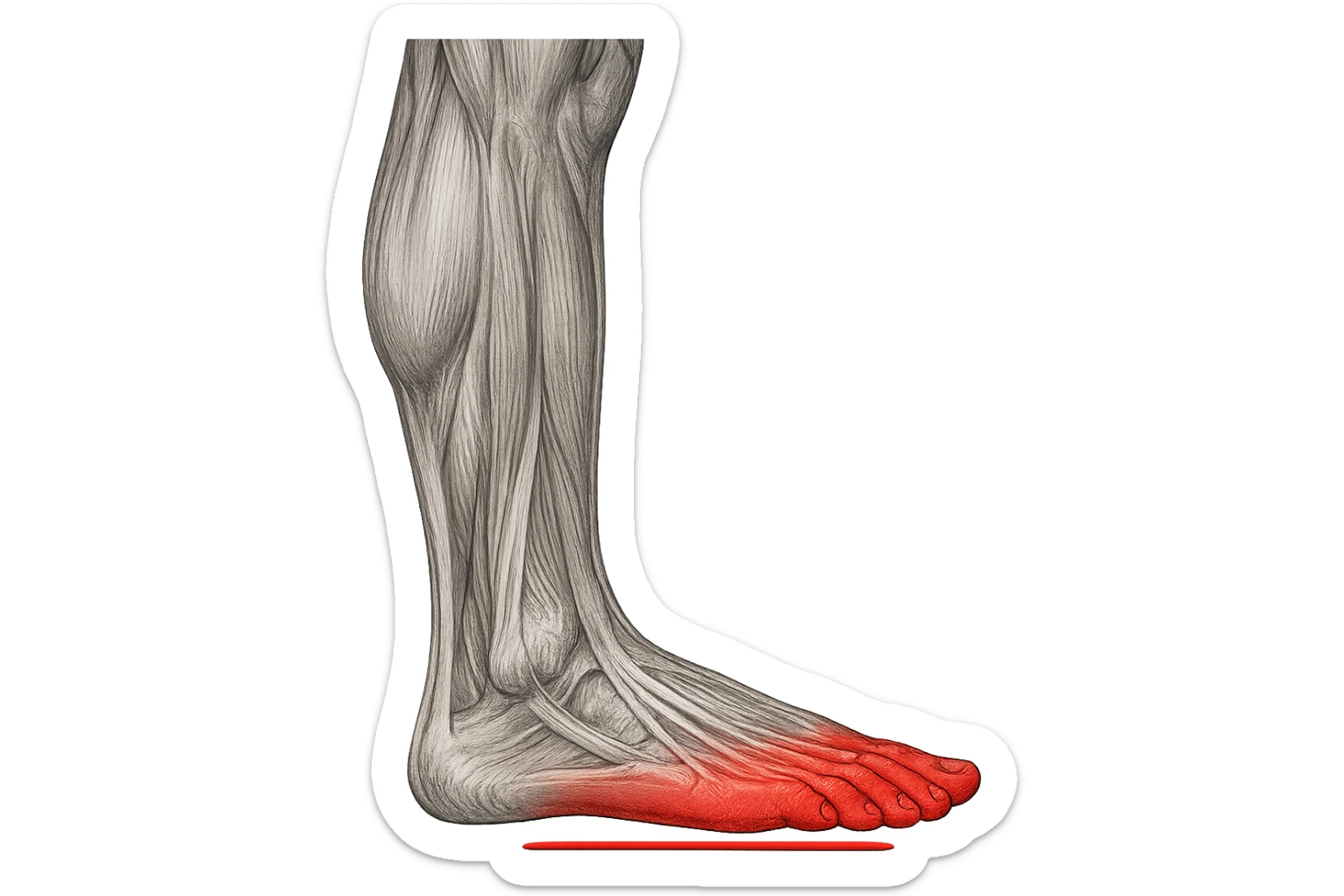 spazio dall'avampiede al tallone umano sottolineato in rosso, fai l'arto umano anatomico realistico con evidenza su quel tratto sticker