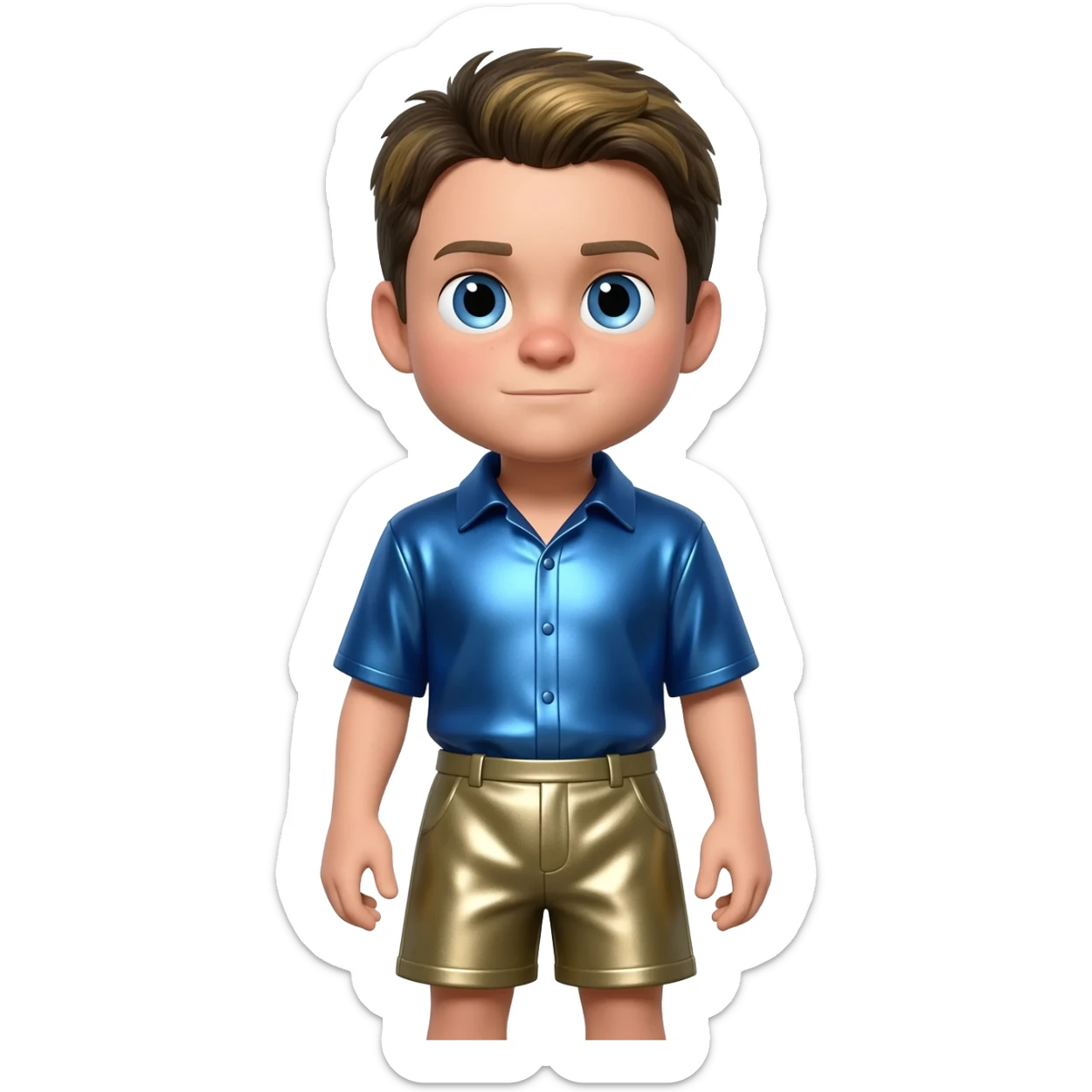 Martin Kratt with blue eyes, dark blonde hair, periwinkle blue metallic shirt, khaki metallic baggy shorts sticker