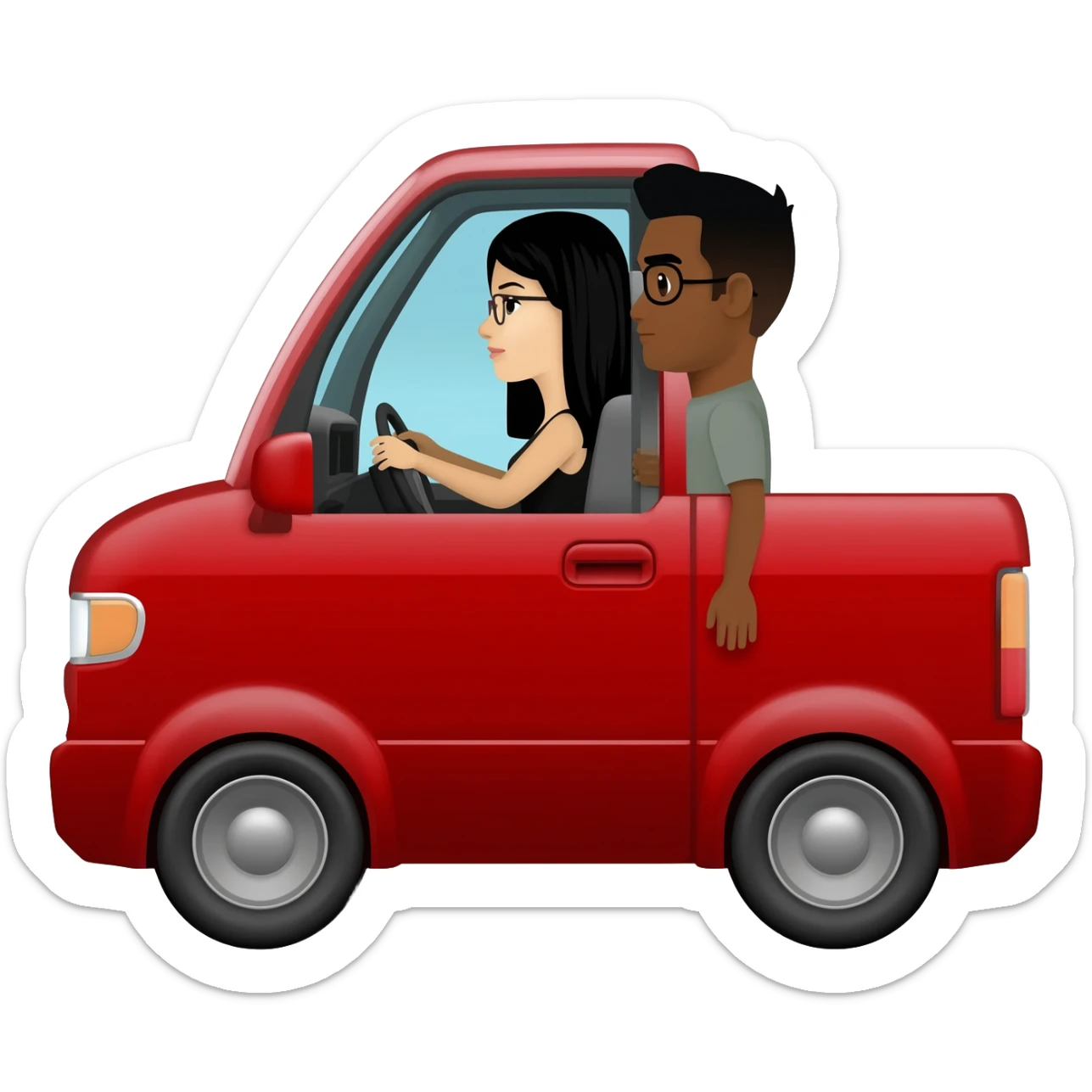 Camioneta roja mazda, con una mujer en el volante de pelo negro y lentes, y un copiloto hombre de pelo corto negro y lentes sticker