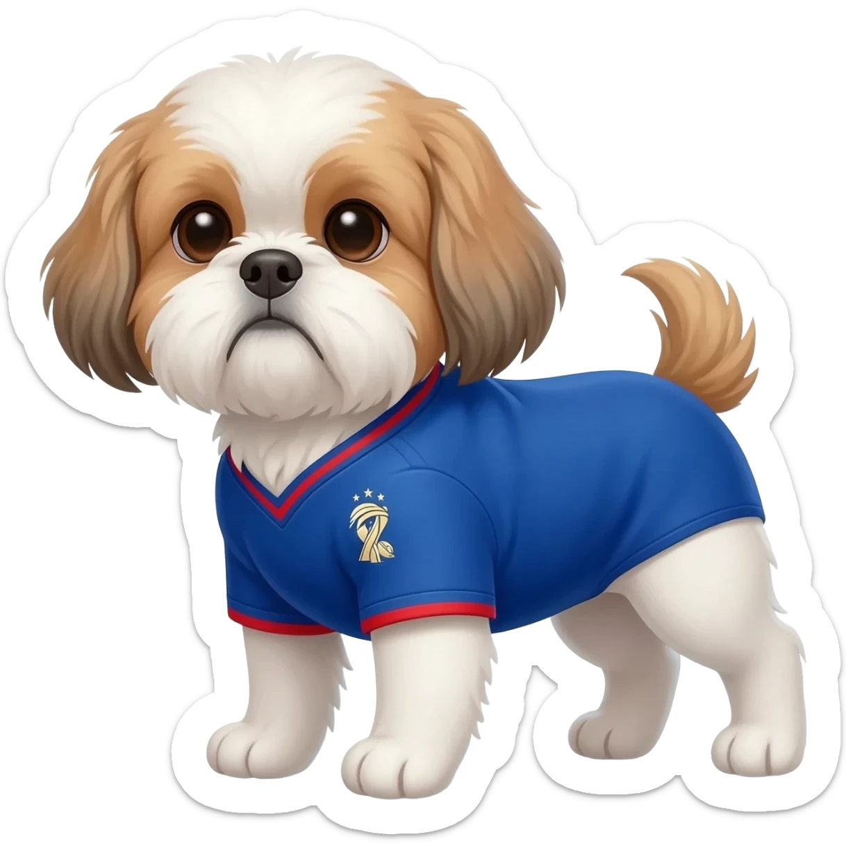 white and light brown shih zhu wearing a France soccer jersey v neck 2026 work cup sticker