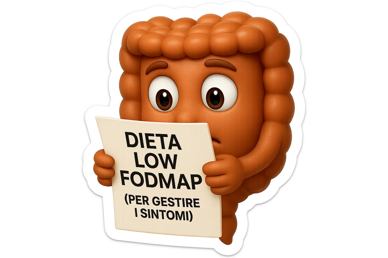 EMOJI STILE IPHONE DI UN INTESTINO UMANO ANATOMICO CHE GUARDA UN FOGLIO CON LA SCRITTA "DIETA LOW FODMAP (PER GESTIRE I SINTOMI)", FAGLI ANCHE LA PARTE BIANCA DEGLI OCCHI, NON SOLO LE PUPILLE, IPERREALISTICO 4K sticker