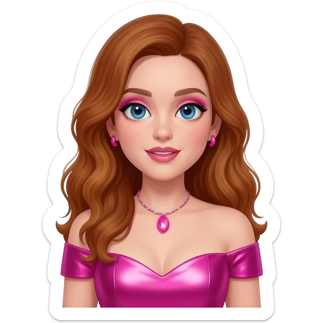 Chappell Roan, Pop Singer (b.1998) with blue eyes, pink makeup, long auburn wavy hair, hot pink metallic sweetheart off shoulder dress, pink necklace and short earrings sticker