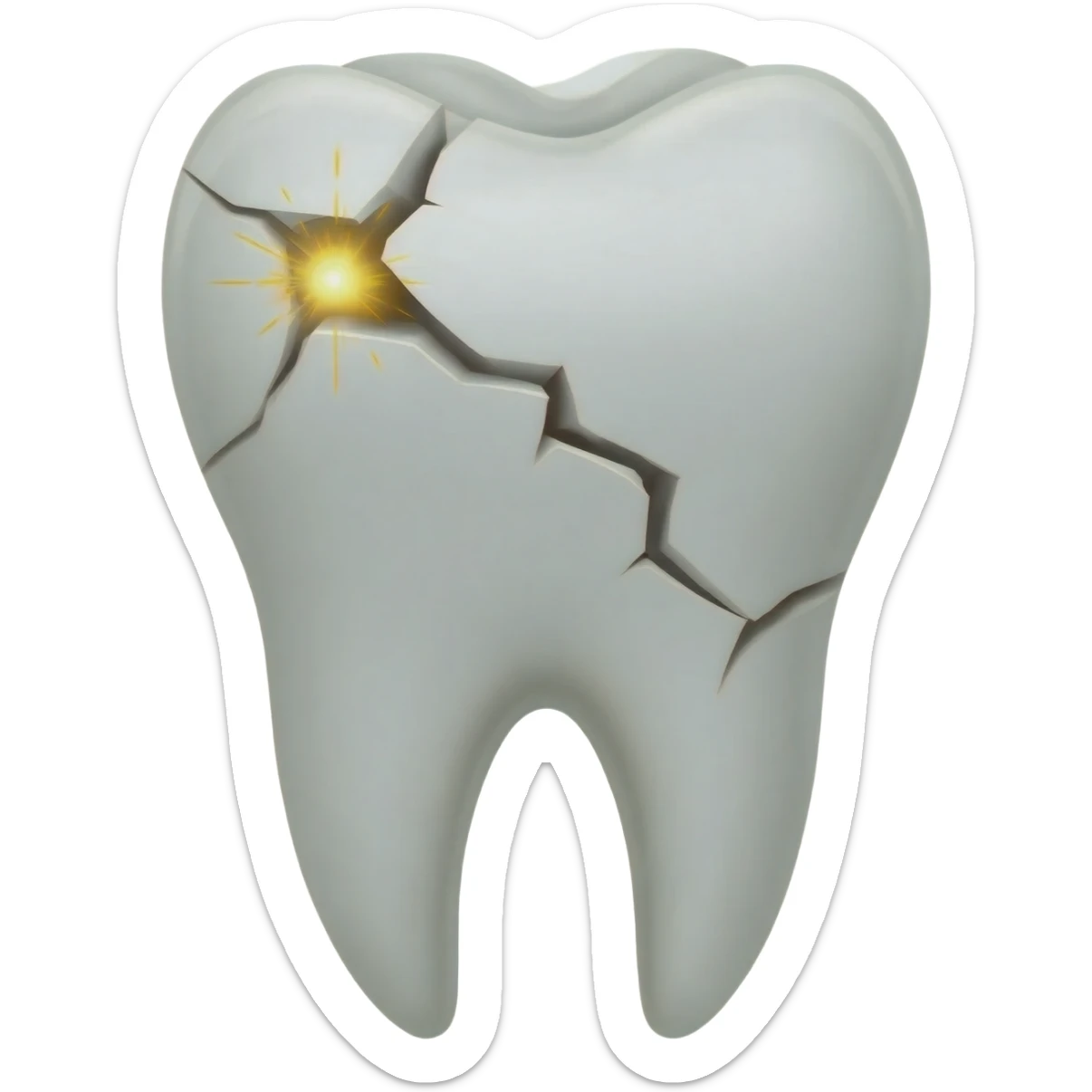 Broken tooth from the crown to the middle with little explosion effects representing caries, the broken part will be represented by a crack like when an earthquake goes on sticker