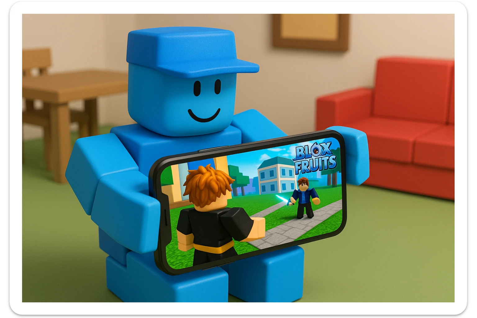 Cancer playing Blox Fruits on phone, Roblox style, blue character sticker