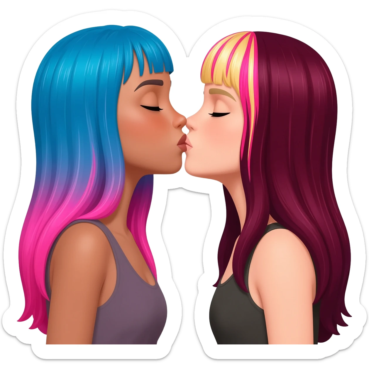 femme lesbians kissing, both pale white, one has long blue and pink hair, the other has long burgundy hair with streaks of blonde and pink at the front sticker