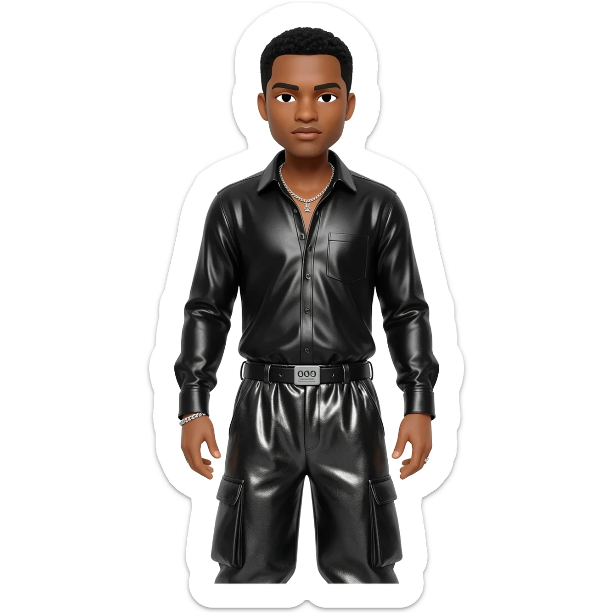 Keith Sweat, R&B Singer with black short hair, black metallic shirt, black metallic baggy pants, silver necklace sticker