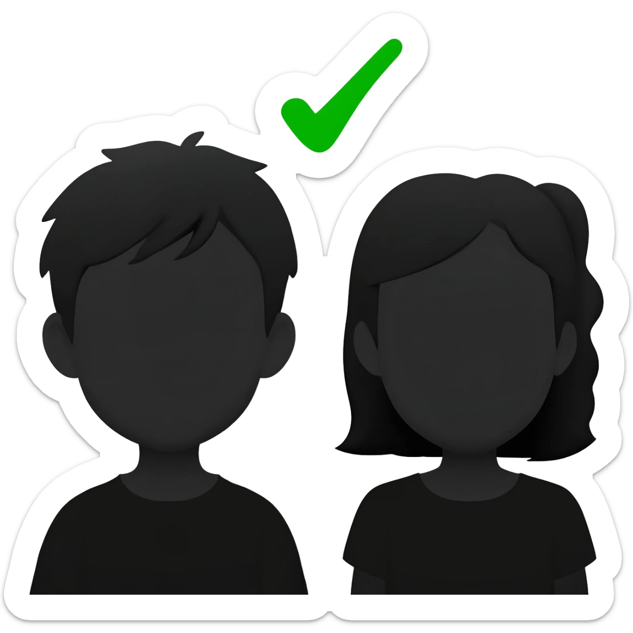 silhouette of a boy and girl portraits from the front without colour with a green check mark sticker
