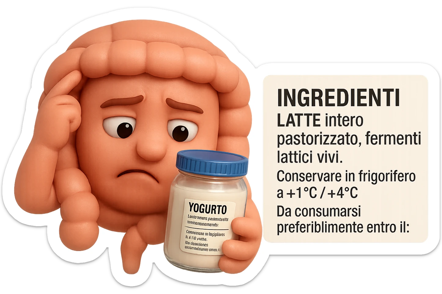 SU QUESTO STILE FAI UN EMOJI STILE IPHONE 3D DI UN INTESTINO CHE HA IN MANO UN BARATTOLO DI YOGURT CONFEZIONATO DA SUPERMERCATO E LEGGE L'ETICHETTA NUTRIZIONALE CON GLI INGREDIENTI IN ITALIANO, ACCANTO ALLO YOGURT CHE HA IN MANO C'è UN FOCUS SULL'ETICHETTA CON GLI INGREDIENTI SCRITTI, FAGLI UN ESPRESSIONE CONFUSA MENTRE LEGGE E FALLO MOLTO REALISTICO IN 3D sticker