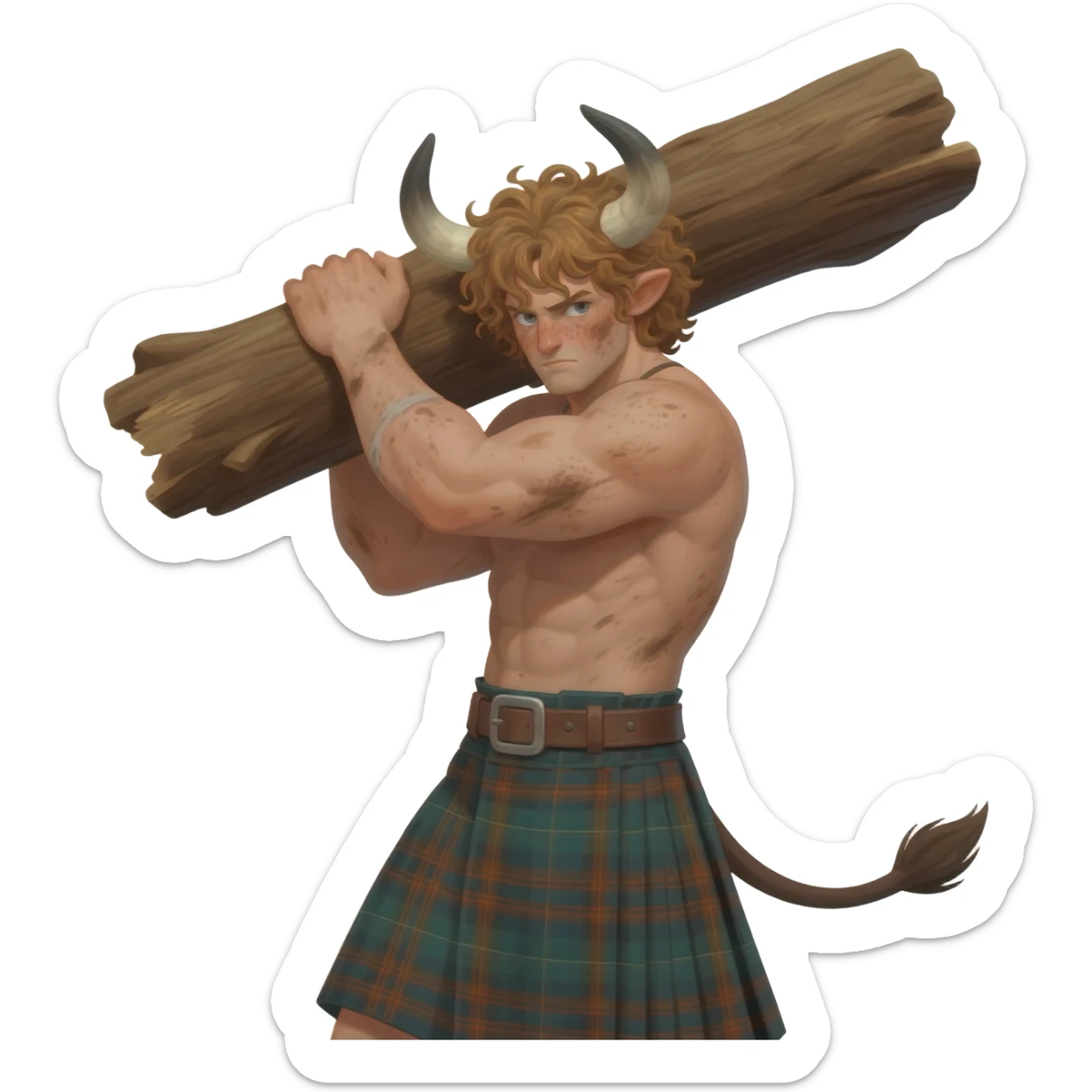buff curly hairy man covered in dirt with freckles with messy light brown bangs that covers his face completely with bull horns and bull ears and bull tail dressed in kilt lifting large log with wind in his hair with belt around his chest sticker