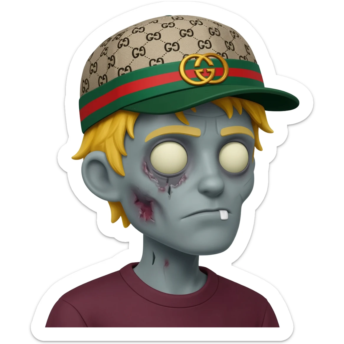 cor de pele cinza, zumbi com o cabelo loiro e um boné da gucci virado de lado sticker